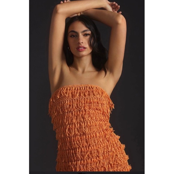 Anthropologie Strapless Fringe Dress in Orange - Picture 2 of 13